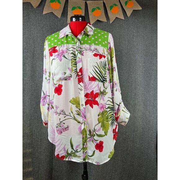 Fig & Flower Anthropologie Green Polka Dots & Multicolor Floral Print Blouse 1X - Picture 1 of 9